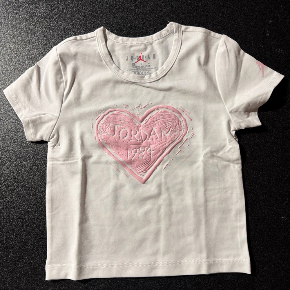 Jordan Kids White Tee with Pink Heart Graphic